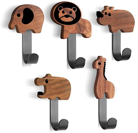 Biroyal Kindergarderobe, Kleiderhaken für Kinder in Tierform, Wandhaken aus Walnussholz Garderobenhaken, Kinder Wandaufhänger, Tiere-Löwe/Elefant/Nilpferd/Giraffe/Nashorn(inkl. 5 schwarze Metallhaken)