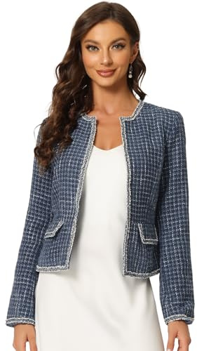 Allegra K Women Tweed Plaid Long Sleeve Open Front Office Blazer Jacket | Collarless design. Full lined with flap pockets and gold trim. Vintage style for work meetings dating