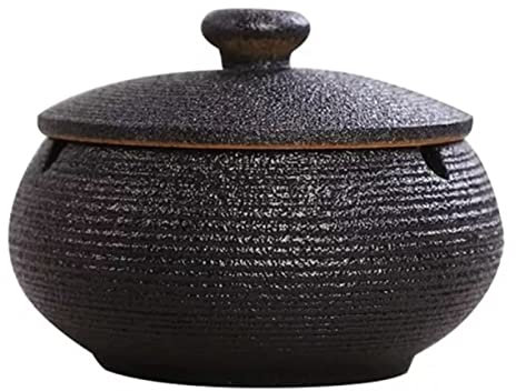 Windproof Ashtray for Patio with Lid - Handmade Ceramic Vintage Ashtray for Outdoor/Indoor Use (Black)