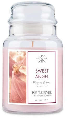 Purple River Große Duftkerze im Glas mit Deckel | Sweet Angel | Duftkerze Dezent | Kerzen lange Brenndauer | Sojawachskerze | Raumduft für Zuhause