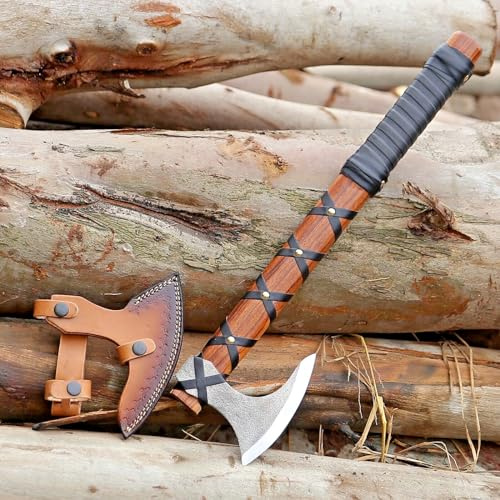 Viking Axe of Ragnar Lothbrok Hunting Axe with Rosewood Handle - Hand-Forged High Carbon Steel Sharp Blade, Handmade Camping Axes, Hatchet-Norse Ax, Tomahawk Vikings Bearded Axes, with Leather Sheath