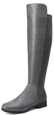 DREAM PAIRS Women's Knee-High Boots, Comfortable Chunky Block Heel Pointed Toe Pull On Side Zipper Suede Slouch Riding Boots SDKB2404W,Size 8,Grey-Pu,SDKB2404W