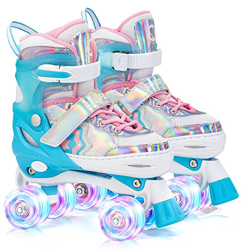 SULIFEEL Unicorn Girls and Boys Adjustable Roller Skates for Kids with Light up Wheels Blue Small