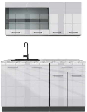 Vicco Singleküche R-Line, Weiß Hochglanz, 140 cm, AP Marmor, zur flexiblen Erweiterung mit weiteren Modulen geeignet