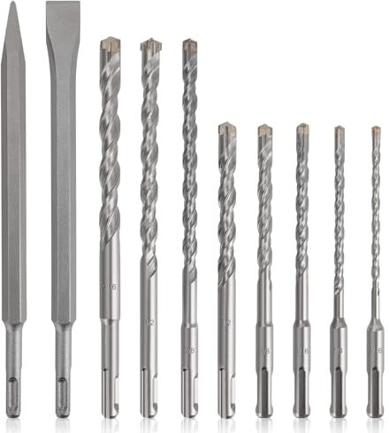 TEWORDA 10PCS SDS Plus Concrete Masonry Drill Bit Set & Chisels, Cross-Type Double Thread Carbide Material, Storage Pouch