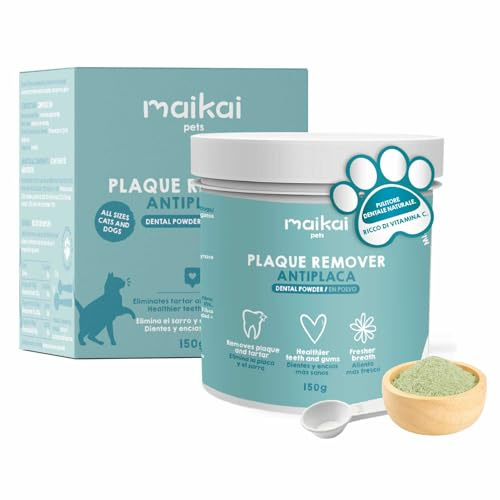 MAIKAI Polvere per Pulizia Denti Cani e Gatti 150g Integratore Antitartaro e Placca Alitosi Eliminare Alito Cattivo 100% Naturale - Rinfresca l’Alito e Protegge Denti e Gengive Igiene Orale Naturale