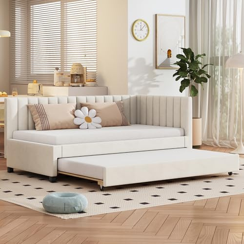 Sapgaks Divano letto letto matrimoniale divano letto 3 posti divano letto estraibile, letto multifunzione con rete a doghe, letto per bambini, letto degli ospiti, tessuto in velluto beige