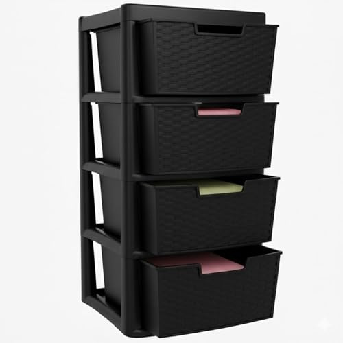 SIDSONS - Large Plastic Rattan Style Storage Drawer - Durable & Stylish Cabinet with Smooth Pull Drawers - Multipurpose Organizer for Clothes Toys, Kitchen, Home & Office Use (Rattan/Black, 4 Tier)