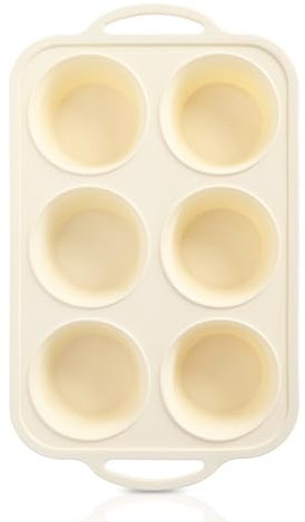 Foepoge Deep and Jumbo Silicone Muffin Tray 6 Cup with Metal Reinforced Frame, Non Stick Silicone Cupcake Tray with Handle, Muffin Moulds Yorkshire Pudding Tray, Cupcake Tin, Beige