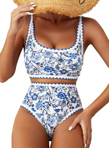 Herseas Women's Bikini Sets Floral Print Whip Stitch 2 Piece Swimsuit High Waisted Scoop Padded Blue Modest Bathing Suits Cute Teens Beach Swimwear 2026 Summer X-Large