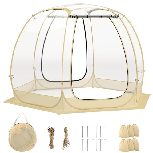 HOMASIS Transparentes Pop up Zelt im Freien, faltbares Kuppelzelt für Winter, durchsichtiges Wurfzelt mit Tragetasche & Bodenmatte, Outdoor-Bubble-Zelt für Sportveranstaltungen (328 x 328 x 210 cm)