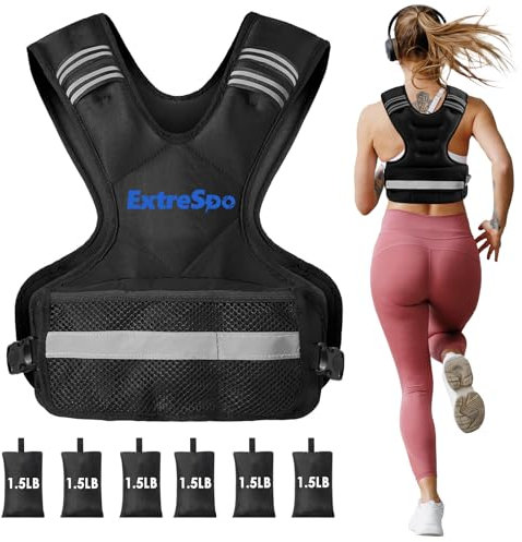 ExtreSpo Gilet lesté réglable pour homme et femme, gilet de 5 à 9 kg avec 6 poids de sable de fer, ensemble d'exercice avec bande réfléchissante pour la musculation et l'entraînement