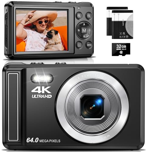 4K Digitalkamera, 64MP 2.8“ UHD Kompaktkameras - Autofokus Wiederaufladbare Vlogging Kamera mit 32GB Karte & 2 Akkus, Tragbare Reisekameras mit 16X Digitalzoom für Kinder Anfänger Jugendliche