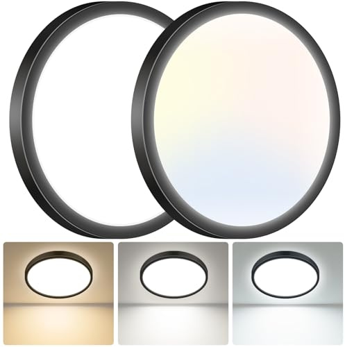 hepside LED Ceiling Light,3000K/4000K/6500K 3 Color Temperature,Waterproof LED Ceiling Lamp, Modern,Round Flush Ceiling Light for Bathroom, Living Room,Bedroom, Kitchen, Office,Ø29CM(Black)