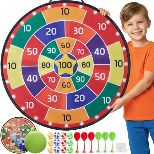 Cheerful Children Toys Diana Jumbo para Niños XL o XXL, Juego de Diana Reversible con Velcro, Set de Dardos con 12 Bolas Adhesivas y 6 Piezas de Juego, Uso Interior y Exterior (Dinosaurio-2, 73 cm)