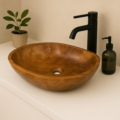 Lendo Online Lavabo en teck ovale 30x25 / 40x30 / 60x40 cm – Vasque à poser en bois pour salle de bain ou WC – Surface lisse – Produit naturel – Vasque décorative en bois massif (60x40cm)