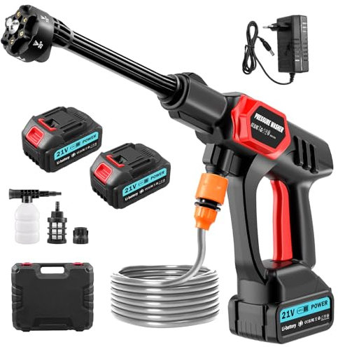 Nettoyeur Haute Pression Buse, Max 80 Bar 1160 PSI Mobiles Nettoyeur Haute Pression sans Fil avec 2 Batteries et buse réglable 6 en 1 et portée jusqu'à 10 mètres buse pour Voiture