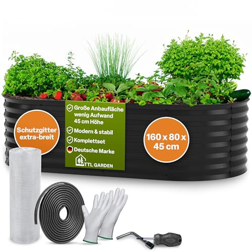 TTL GARDEN 160x80x45cm Elegance M Metall Hochbeet Anthrazit - Stahl rostfrei verzinkt & grau lackiert Wellblech ovale Form sehr stabil Garten Beet für Gemüse Kräuter Blumen Gartenbeet Gemüsebeet