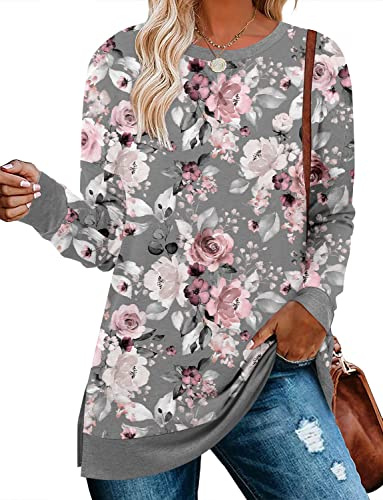 KISSMODA Womens Long Sleeve Tops Casual Crew Neck Longline Sweatshirts Dressy Tunic Shirts Fall Winter Trendy T Shirts with Side Slits