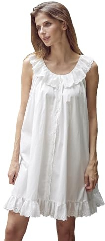 BEAUTELICATE Women’s Victorian Nightdress 100% Cotton Vintage Loose Nightgown Sleeveless Short Nighties With Eyelet Ruffle Summer Lovely Daily Dress Off White, L