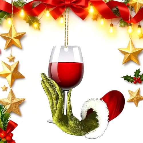 jiaozimifan 2026 Funny Wine Cup Christmas Ornaments, 2D Acrylic Green Hanging Ornaments, Christmas Tree Decorations for Wine Lovers, Xmas Holiday Party Favors & Festive Gifts for Home Office Decor