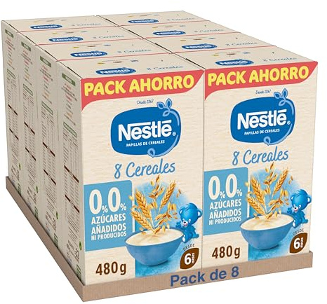 NESTLÉ 0%0% Papilla 8 Cereales 480g, sin azúcares añadidos ni producidos, a partir de 6 meses, pack de 8