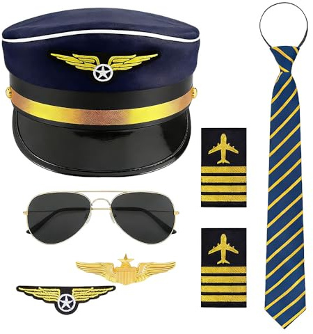 Weciau 7Pcs Pilota Costume Accessori, Pilota Costume Kit da Uomo con Cappello da Pilota, Distintivo, Cravatta, Spalline, Occhiali da Sole, per Natale, Carnevale, Halloween, Pasqua e Feste