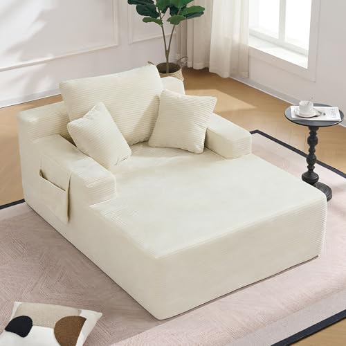 Yihomfy Canapé-lit/Fauteuil 100cm, Canapé Une Place en Velours Côtelé avec Poches latérales et 3 Coussin, Aucun Montage nécessaire, Chaise Lounge pour Sieste et Détente dans Le Salon, Beige-E