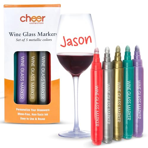 Cheer Collection Metallic Wine Glass Markers, Dry Erase Markers, Washable Wine Glass Marker Pens, Quick Dry Markers for Glasses, Ceramics, & Mirrors, Great for Weddings, Banquets & Parties, Set of 5