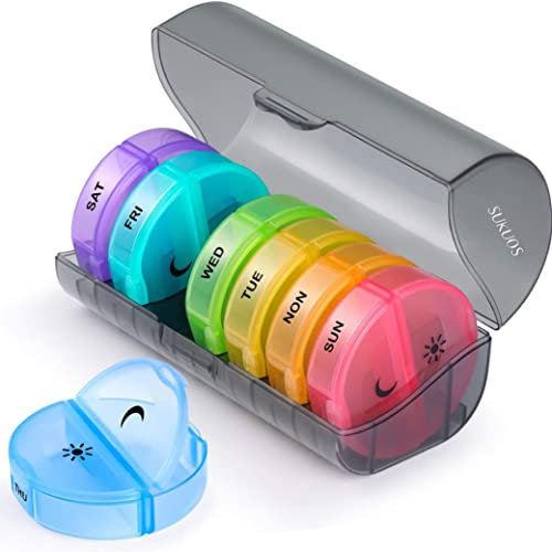 SUKUOS Pilulier Semainier Francais Matin et Soir, Pilulier Rond 7 Jours 14 Compartiments Pillbox Multicolores Pilulier Hebdomadaire - Deux Fois Par Jour Medication Dispenser