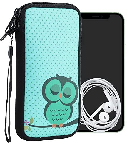 kwmobile Handytasche für Smartphones XL - 6,7/6,8 - Neopren Handy Tasche Hülle Cover Case Schutzhülle - Eule Schlaf Türkis Braun Mintgrün - 17,2 x 8,4 cm Innenmaße