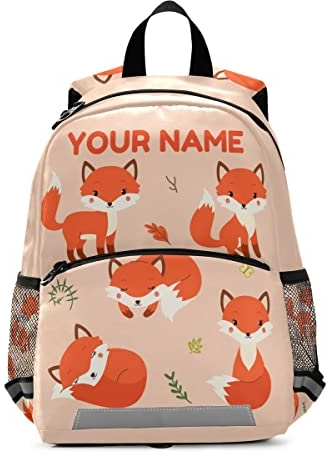 Mnrsuu Benutzerdefinierter Namens-Rucksack, personalisierter Kinder-Rucksack für Jungen und Mädchen, Tier, Fuchs, Wald, Orange, Rucksack für Kindergarten
