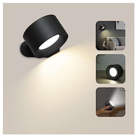 Feallive Lámpara de pared LED, Aplique Pared Interior 1 Pcs puerto de carga USB, Control táctil 3 niveles de brillo temperatura de 3 colores Focos de pared libremente giratorio luces (Negro)