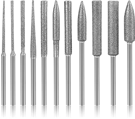 Hakkin 11Pcs Stone Grinding Bits for Dremel Accessory 1/8 Shank Small Long Cone Diamond Burr Set for DIY Detail Working, Carving, Engraving, Grinding