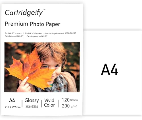 Cartridgeify Hochglänzend Fotopapier DIN A4, 200 g/m², 120 Blatt, Hochweiß, für Canon HP Epson Brother Tintenstrahldrucker
