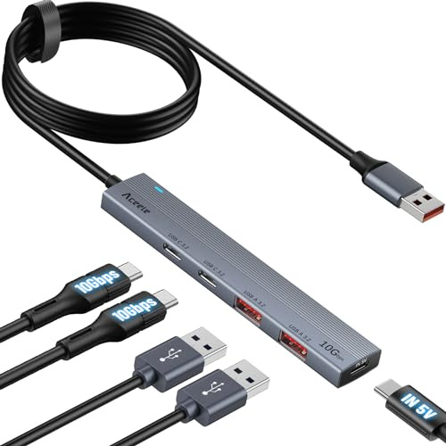 Aceele USB 3.2 Gen 2 Hub mit 2 USBA- und 2 USBC-Anschlüssen, 10 Gbit/s Typ-A-Splitter mit 1,2 m langem Kabel, USB-Datenverlängerung mit 5V3A Typ-C-Stromanschluss, Kompatibel mit Laptop, iMac und Mehr