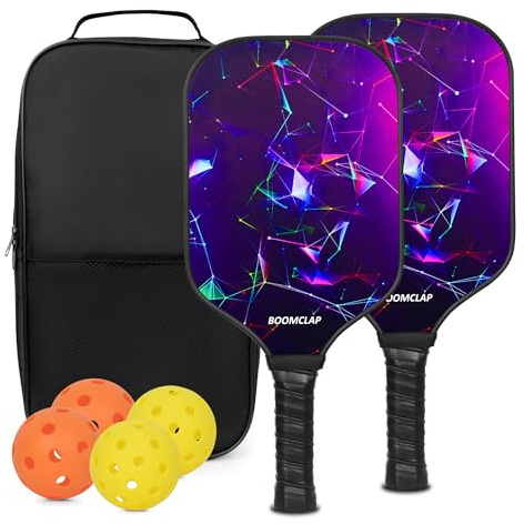BOOMCLAP Pickleball Paddles Set of 2 Fiberglass Surface, Complete with 2 Rackets, 4 Balls, & Portable Carry Bag - Ideal for Men & Women