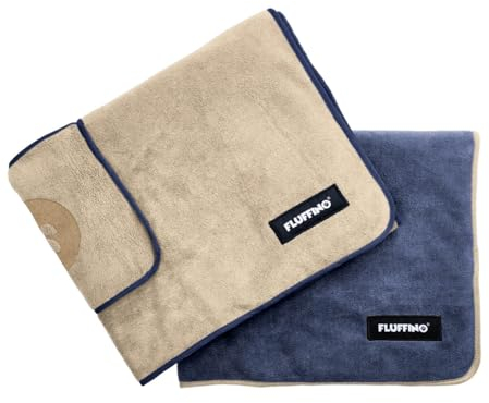 FLUFFINO® 2er Set Hundehandtuch 120 x 70 cm für mittelgroße & große Hunde, extrem saugfähig & weich | Waschbar bei 60°C, schnell trocknendes Mikrofaser-Handtuch mit 2 Grifftaschen