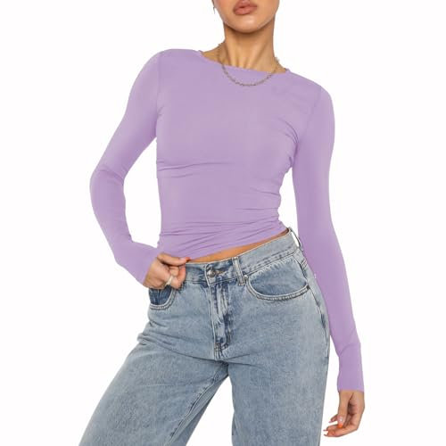 OYIGELZ T-shirt à manches longues pour femme - Col rond - Coupe ajustée - Haut basique - Décontracté - Streetwear, Violet clair 06, S