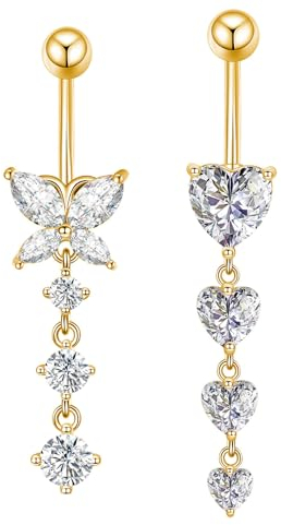 Gojewen 2stk Bauchnabelpiercing 10mm Gold Chirurgenstahl Herz Schmetterling Anhänger Piercing Bauchnabel Bauchpiercing Damen