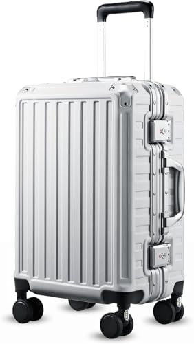 LUGGEX Koffer Aluminiumrahmen Hartschalenkoffer Reisekoffer mit 4 Rollen Metallecken TSA Schloss Trolley Koffer ohne Reißverschluss Klein (Silber, 56cm, 36L)
