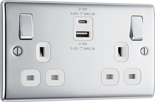 BG Electrical 22W Double Switched Wall Plug Socket with Fast Charge Type A & C USB Charging Ports, Nexus Metal, Polished Chrome, Black Inserts, 13A, NPC22UAC22B