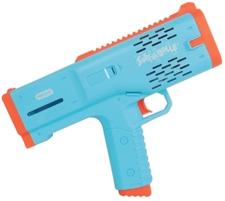 ODS - Soffiabolle, Multibolle Pistola Spara Bolle di Sapone a Batteria, con Luci LED, con Vano Bottiglietta da 50 ml, Colore Azzurro e Arancio, Dimensioni 24 x 19 x 6 cm