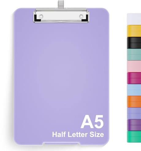 Hnogri A5 Clipboard with Storage, Metal Retractable Pen Holder, Purple | 6 x 9'' Nursing Plastic Foldable Clip Board, Size 9.4 x 6.1 x 0.9 in, Menu Box for Work, Office & School Supplies