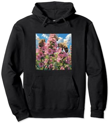Bergenia Flower Blooming With Bees Around Graphic Pullover Hoodie