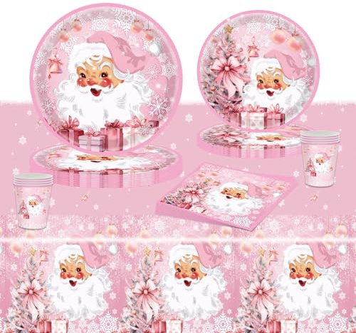 POPOYU 69 Pièces Vaisselle Assiette en Papier de Noël,Serviettes,Gobelets en papier,Assiettes à dessert,Nappe,Vaisselle de Noël de Party Set pour Décorations de fêtes Joyeux Noel(16 Invités)