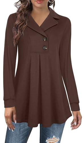 Datuhao Maglione da Donna a Maniche Lunghe Elegante, Tunica a Manica Lunga, Felpa Casual con Colletto Reversibile e Bottoni, marrone, M