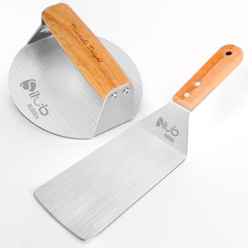 SILUB Burger Press 304 Stainless Steel Smash Burger Press with Wide Turner, 6 Hamburger Smasher Tool, Hamburger Press Perfect for Meat Weight Press, Cooking, and Burger Smasher for Grill Cooking