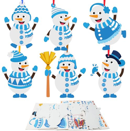 DKINY 12 Kits Bricolage Bonhomme Neige avec Autocollant Bleu en EVA pour Enfants Activité Manuelle Noël Loisir Créatif Jeux Fête DIY Décoration Suspendue