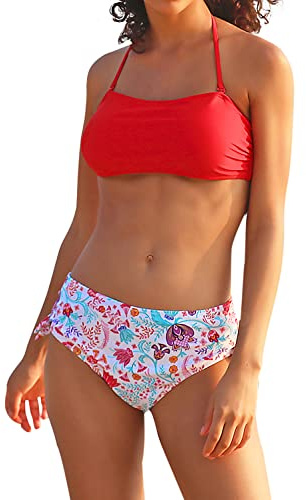 SHEKINI Women's Bikini Sets Back Tie Knotted Swimsuit Halter Padded Strapless Bandeau Top Bottom with Tummy Control Two Piece Bathing Suit Red